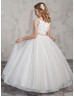 Square Neck Ivory Ruched Tulle Ankle Length Flower Girl Dress